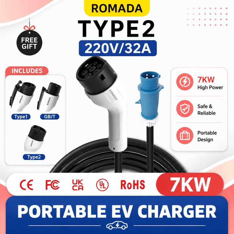 Portable Ev Charger 32A Type 2 Cee Plug - Cargador portátil para vehículos eléctricos ROMADA